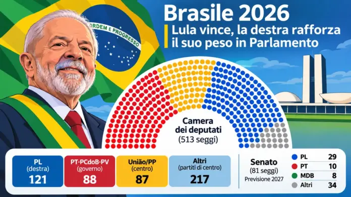Elezioni Brasile 2026: Lula rieletto e composizione del Parlamento illustrata con un emiciclo di seggi