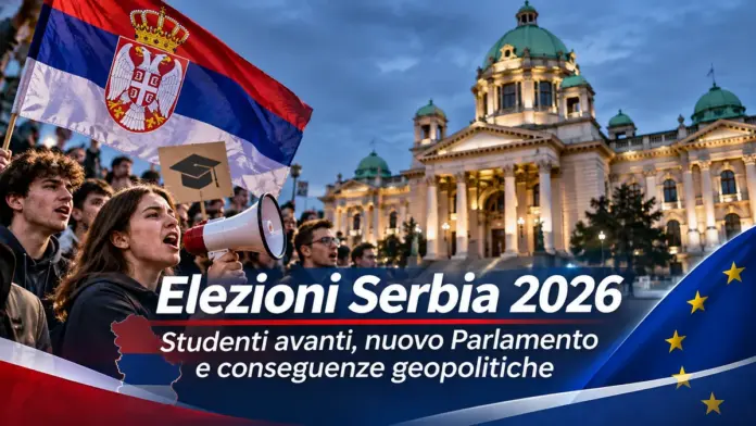 Elezioni Serbia 2026: studenti in manifestazione davanti al Parlamento serbo, illustrazione editoriale