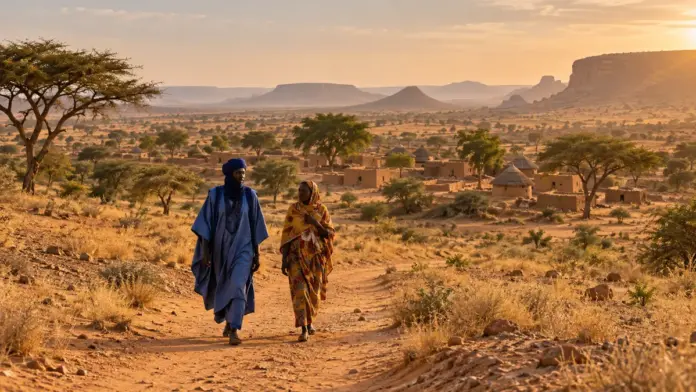 Due persone camminano su un sentiero vicino a un villaggio nel paesaggio arido del Sahel.