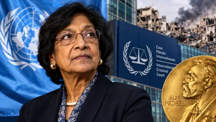 Navi Pillay, Premio Nobel per la Pace 2026, con i simboli delle Nazioni Unite e della giustizia internazionale.